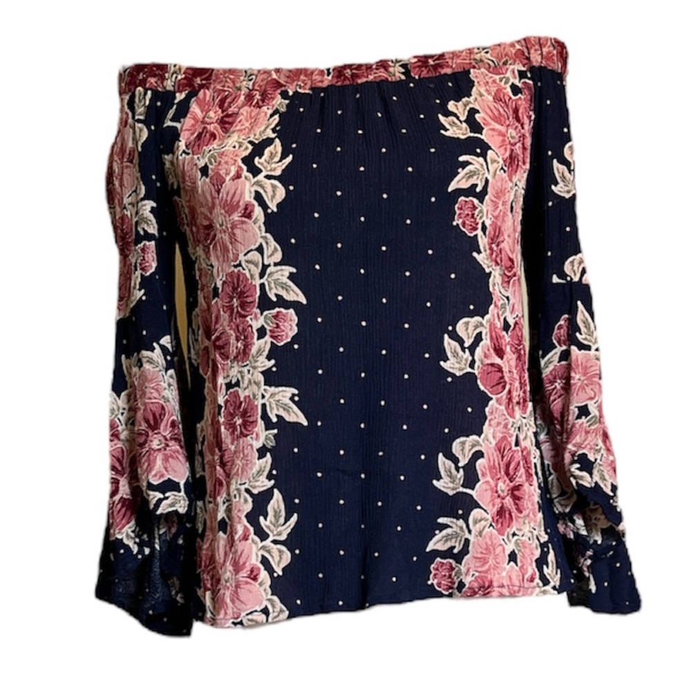 Blue Rain navy and  pink floral off shoulder crop top.  size small